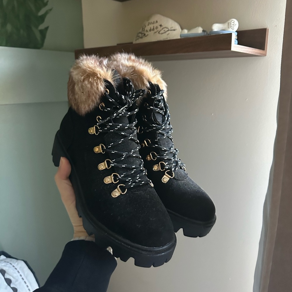 BAMBOO Black Combat Boots with Faux Fur Trim